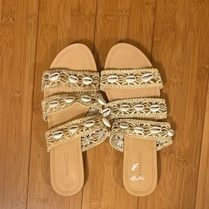 Mango Cream Braided Shell-Trim Slide Sandals Sz 38 US 7.5